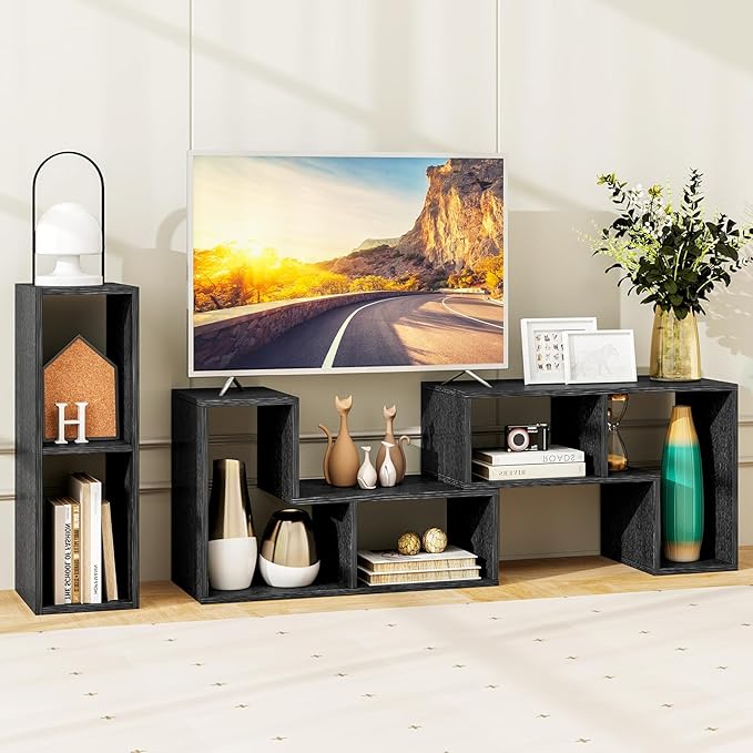 Tangkula 3 Pieces Console TV Stand, Free-Combination Entertainment Center for 50 55 60 65 Inch TV, Minimalist Modern TV Table Media Stand, DIY Open Storage Bookcase for Living Room (Black Wood Grain)