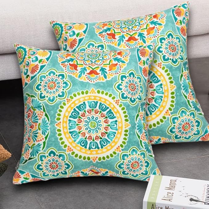 FUNHOME Outdoor Indoor Throw Pillows 18”x18”, Set of 2 Decorative Throw Pillows with Inserts, All Weather Water-Repellent Square Pillows for Bed, Couch, Sofa and Patio Furniture -Cyan Circle