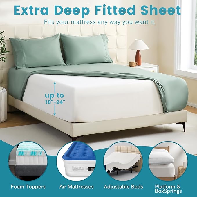 Bedlifes California King Sheet Set, Extra Deep Pocket 18-24 Inches, 1000Thread Count 100% Egyptian Cotton, Soft and Breathable 4-Piece,Sage Green