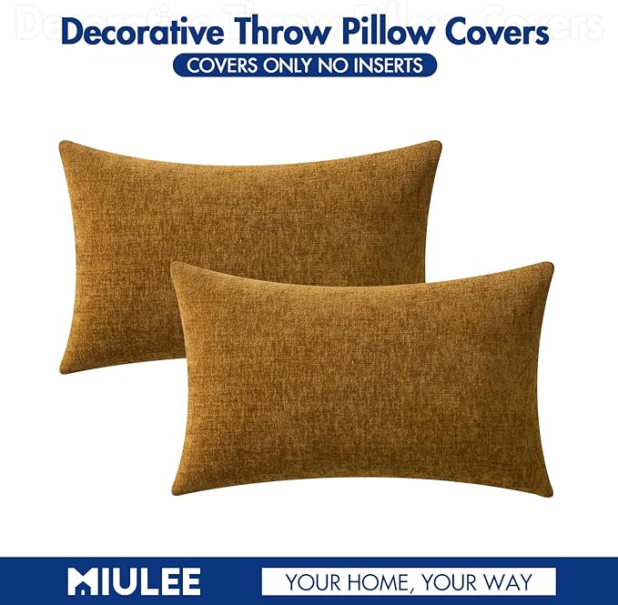 MIULEE Pack of 2 Couch Throw Pillow Covers 12x20 Inch Soft Mustard Chenille Pillow Covers for Sofa Living Room Solid Dyed Pillow Cases