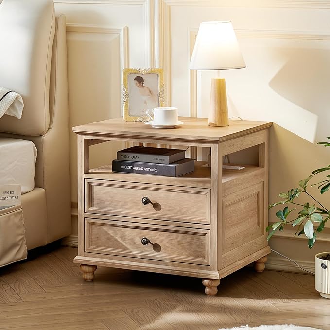 Farmhouse Nightstand Set of 2 with Charging Station, 24" Wide End Table with 2 Drawers,Natural Dresser for Bedroom,Bed Side Table Chest of Drawers Cabinet, Night Stand for Living Room