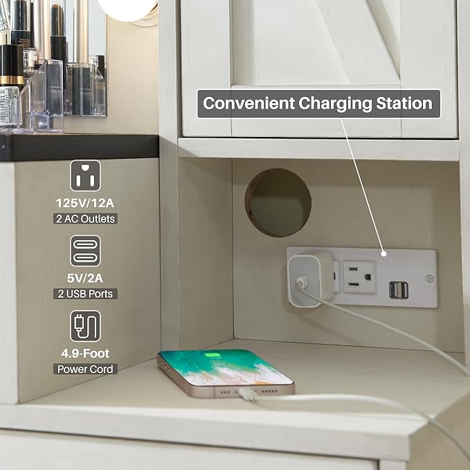 JXQTLINGMU Farmhouse Vanity Makeup Desk with Charging Station, 43" W Vanity Desk with Lights Mirror and Drawers for Makeup, Big Modern Makeup Table Set with Stool for Bedroom, Off White