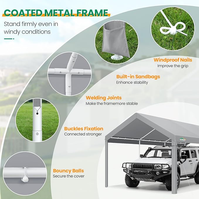 COBIZI Carport Canopy 12x20 Heavy Duty Car Tent Garage, Galvanized Frame Car Canopy Outdoor Shelter Waterproof & UV Protected with Built-in Sandbags & All-Season Tarp for Car Boat Truck, Gray