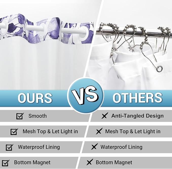 No Hook Shower Curtain with Snap in Liner - Eucalyptus Shower Curtain - Washable Waterproof Inner Liner, Plants Purple Leaves Modern Shower Curtains - Machine Washable, 71 x 74