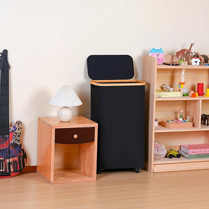 Slim Laundry Hamper with Wheels,Narrow Hampers for Laundry,Freestanding Laundry Basket with Lid&Bamboo Handles,Collapsible & Waterproof Tall Cloth Hamper for Dorm Family(60L,Black)