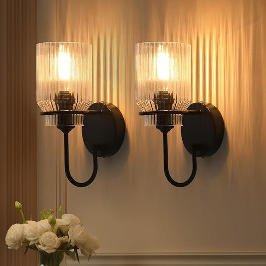 Modern Farmhouse Wall Sconces Set of 2, Black Bathroom Sconces with Clear Glass Shade, Vanity Lights for Bedroom Living Room Bathroom Hallway Stairwell