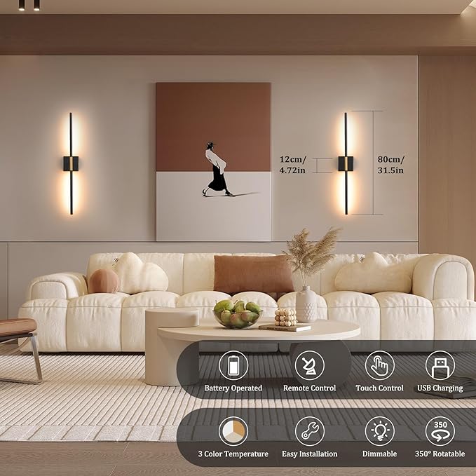 Battery Operated Wall Sconce Set of 2, 10400mAh Wireless Wall Sconces, 3000K-6000K Dimmable, 350°Rotate, Indoor Wall Lights with Remote for Bedroom Living Room Bathroom, Black Gold, 31.5 Inch