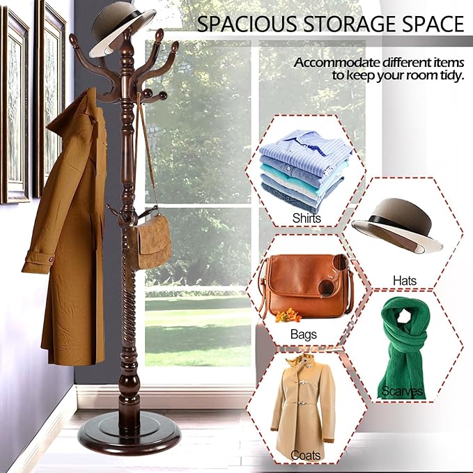 Coat Racks Free Standing with 14 Hooks, Natural Wood Coat Stands for Entryway, Adjustable Height 73 in Tree Coat Rack Stand for Hallway Home Office Bedroom (Dark Brown)