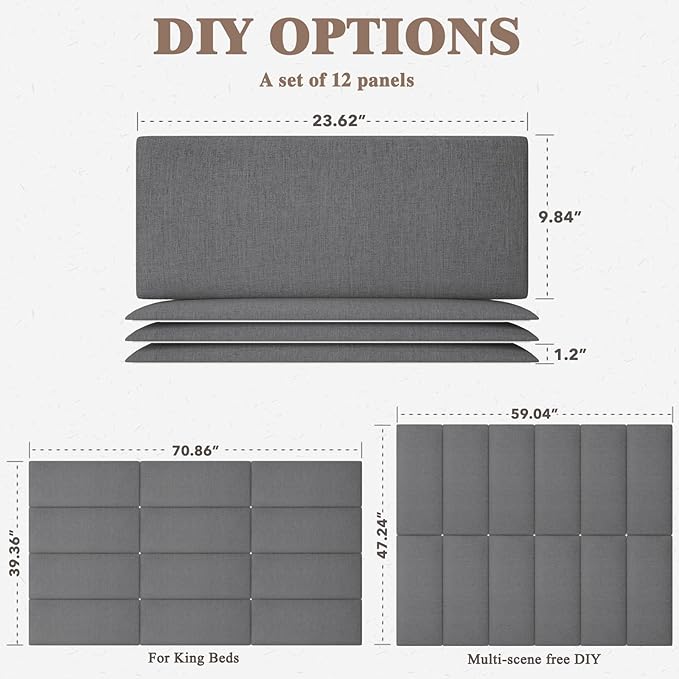 Upholstered Headboard for King Size Bed, Wall Mounted & Peel and Stick Headboard, Soundproof DIY Wall Panels, Fabric Tufted Head board in Modern Design for Bedroom (12 Panels, Each 23.62"x9.84"）
