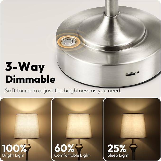 NIORSUN Portables Cordless Table Lamp,Flaxen Fabric Shade Battery Operated Lamp,5200mAh Bedside Table Lamp with Warm White,3 Way Dimmable Touch Desk Lamp for Bedroom Living Room Restaurant (Silver)