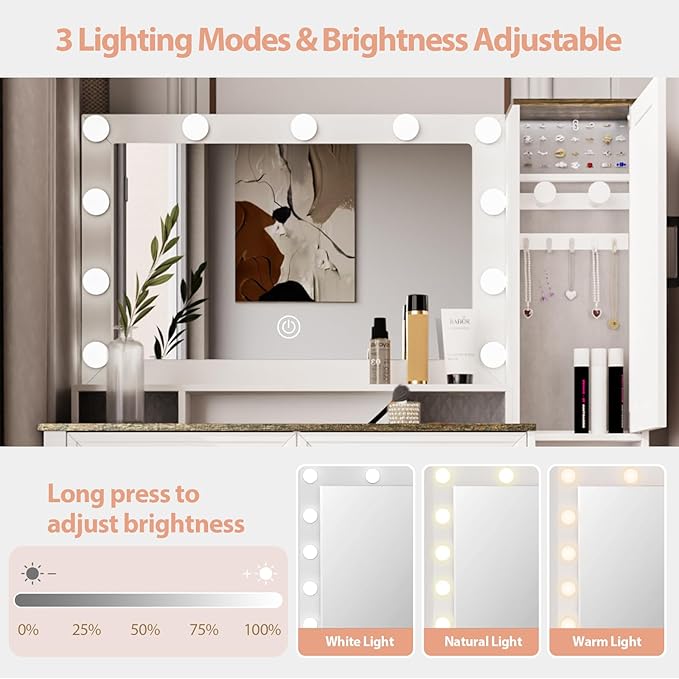 Farmhouse Makeup Vanity, Vanity Desk with Square Mirror, Tricolor Lighting Adjustment & Built-in Charging Station, Multi-Functional Wood Vanity with 2 Drawers & Open Storage Space, White