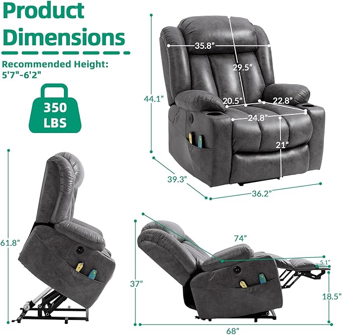 VIVIJASON Tall Man Large Power Lift Recliner Chair with Massage and Heat for Elderly, Overstuffed Wide Electric Lift Recliner with Extended Footrest, 2 Cup Holder, Side Pockets & USB Ports (Grey)