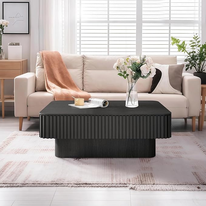 Lift Top Coffee Table for Living Room, Accent Fluted Coffee Table with Storage, Modern Solid Wood Veneered Rectangle Center Tea Table for Small Space Apartment (38.6''L×14''H-Black)