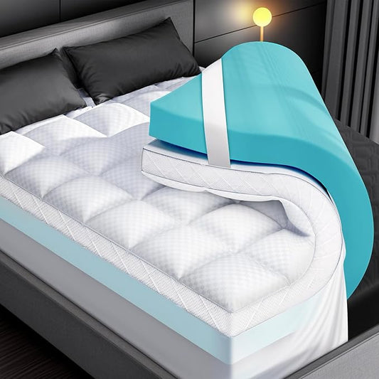 Dual Layer Memory Foam Mattress Topper for Pain Relief with 2X Support, 2" Fluffy Pillow Top California King Mattress Topper Plus 2" Odor-Free Cooling Gel Memory Foam Ultra Comfort Mattress Pad