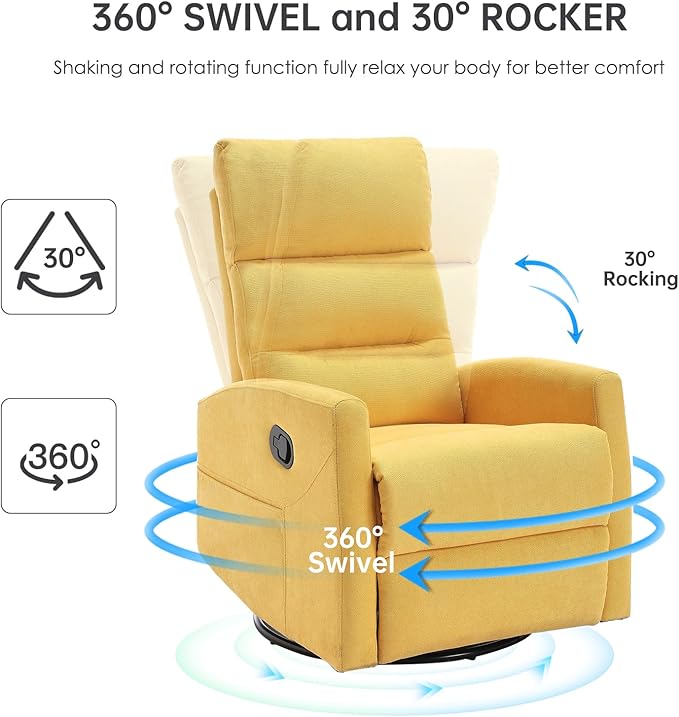 360° Swivel Recliner Chairs for Small Spaces, A Recliner with Side Pockets, Small Rocker Recliner for Living Room, Bedroom, Orange-Yellow Recliner Chair for Adults