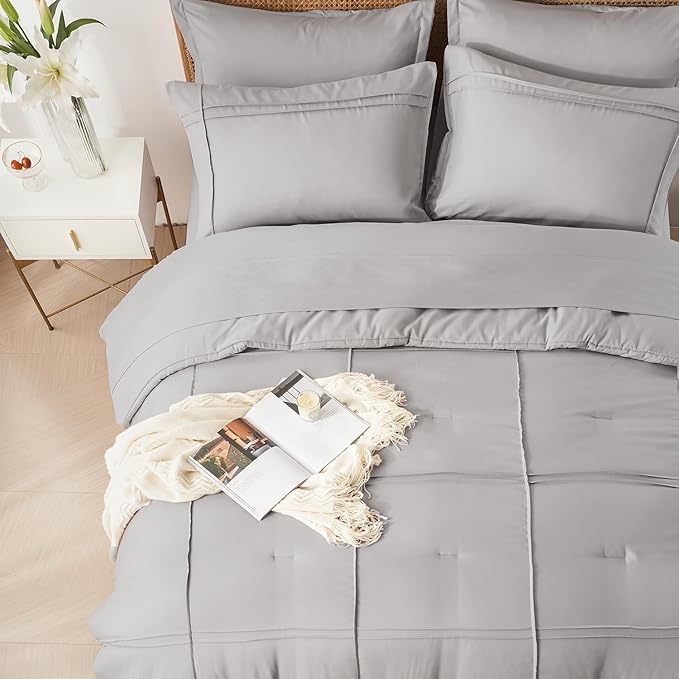 Yogeneg Queen Comforter Set 7 Piece Bed in a Bag,Grid Pinch Pleat Grey Bedding Set,Striped Textured Soft Microfiber Comforter with Sheet Set,All Season Complete Bed Set(Grey,Queen)