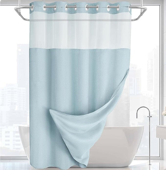 YellyHommy No Hook Shower Curtain with Snap in Liner Set Less Time Aqua Blue Waffle Shower Curtain for Bathroom 75" L x 72" W