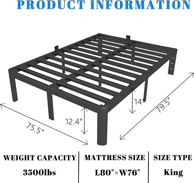 14 Inch King Size Bed Frame, Black King Bed Frame with Metal Anti-Slip Baffles, No Box Spring Needed, Heavy Duty Steel Platform Support, Round Corner Design, Noiseless, Storage Space