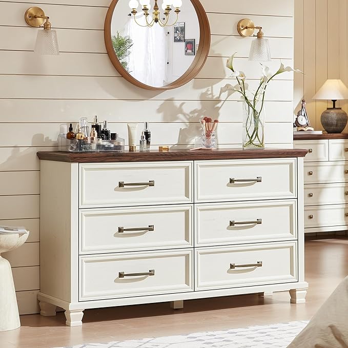 Farmhouse 6 Drawer Dresser for Bedroom, 54 inch Wide Large Vintage Chest of Drawers with Square Solid Wood Legs, Rustic TV Stand for Living Room, Wooden Storage Dressers for Hallway, White