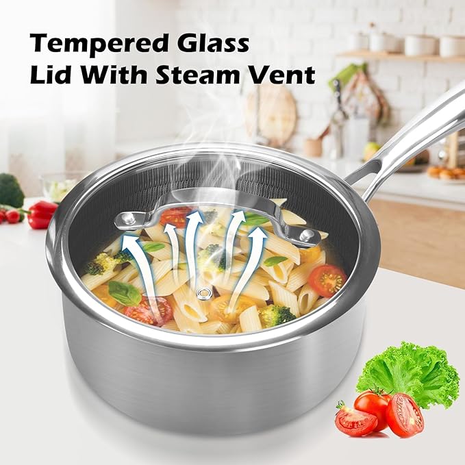 2 Quart Nonstick Saucepan with Glass Cover, Stainless Steel Induction Sauce Pan with Honeycomb Carving, Non-stick Sauce Pot, Compatible with All Cooktops, Dishwasher Safe