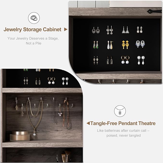 Farmhouse Makeup Vanity Desk with Sliding Mirror and Lights, Glass Desktop Makeup Vanity Desk with Charging Station, 3-Tier Hidden Slide-Out Vanity Shelves, Jewelry Storage Cabinet, 2 Drawers-Grey