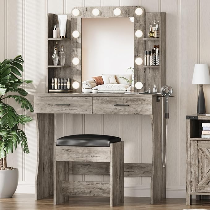 Vabches Vanity Desk with Mirror and Lights,Makeup Vanity Table with Charging Station,2 Drawer Bedroom Dressing Table with 3 Colors Modes Dimming & Cushioned Stool,Light Rustic Oak