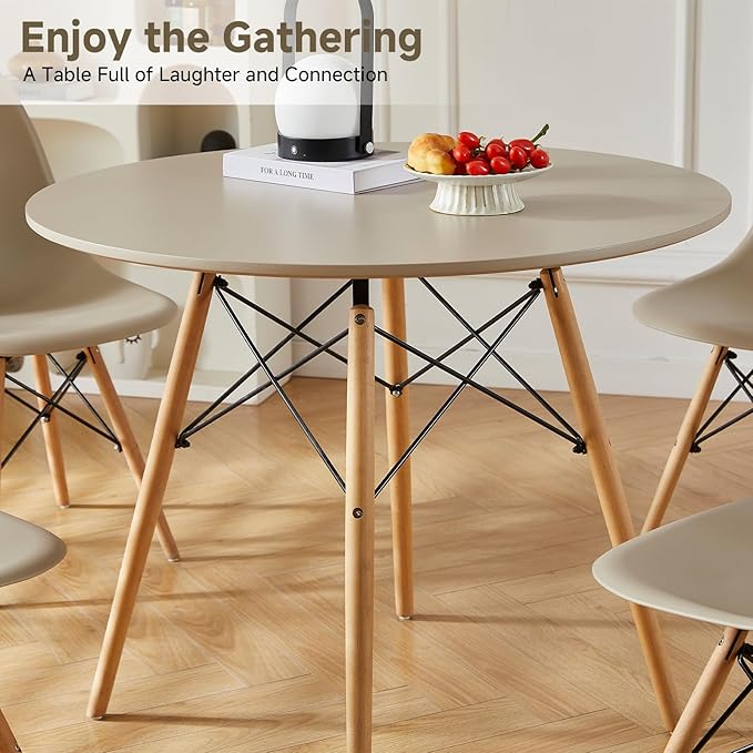 Round Dining Table Set for 4 35.5" Wood Dinner Table Circle Dining Table Kitchen Table Chairs Set of 4 with Wood Strip Base for Kitchen Living Room Space Saving Apartment(Beige)