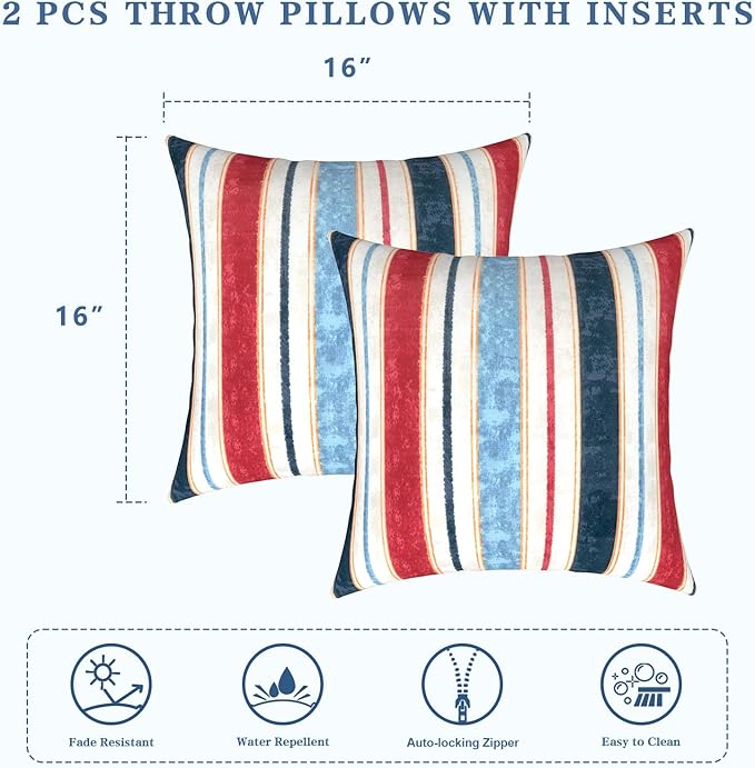 LVTXIII Outdoor Throw Pillows, Decorative Throw Pillows with Inserts, 16"x16" Square Pillows for Bed, Couch, Sofa and Patio Furniture, Set of 2, Stripe Red Blue