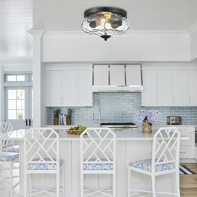 Darkaway Ceiling Light Fixtures Flush Mount Indoor Outdoor Ceiling Light with Water Ripple Glass Shade for Hallway Kitchen Bedroom Porch Living Room Black Finish