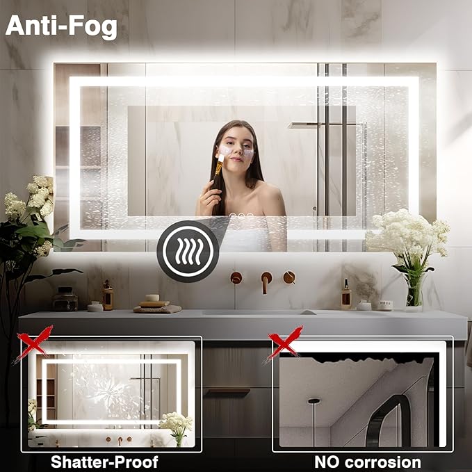 72"x40" Large LED Bathroom Mirror with Lights (Front & Backlit), Fogless, Stepless Dimmable, 3 Color Smart Mirror (Horizontal/Vertical)