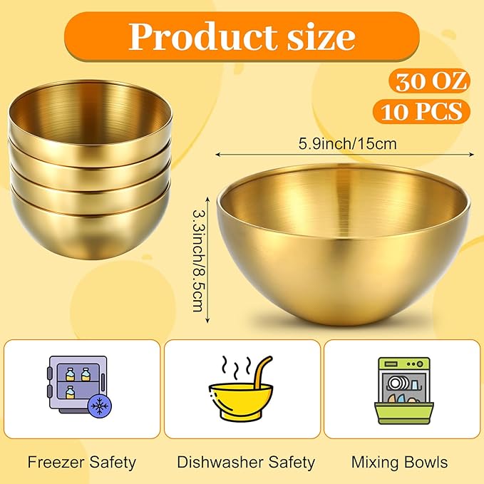 10 Pcs Gold Mixing Bowls 5.9 Inch Stainless Steel Mixing Bowl Salad Bowl Set Metal Gold Serving Bowls for Baking, Prepping and Serving Food Salad Fruit Snack Soup Cereal