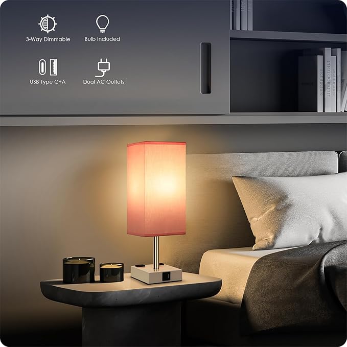 Bedside Lamp with USB Ports - Touch Control Table Lamp for Bedroom with USB C+A Charging Ports & AC Outlets, 3 Way Dimmable Nightstand Light with White Base for Living Room (LED Bulb Included, Pink)