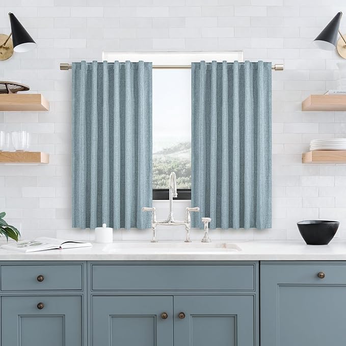 Short Curtains for Windows Bathroom, 100% Blackout Linen Boho Back Tab Pleated Cafe Curtains for Kitchen Bedroom, 45 Inch Length 2 Panels Set, Dusty Blue