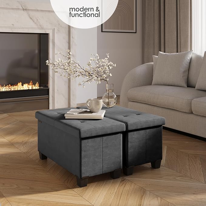 STORAGEBUD Storage Ottoman Bench with Bins, 30-in Storage Bench for Bedroom End of Bed, Folding Foot Rest Ottoman for Living Room Max 660lbs, Velvet Ottomans, Grey