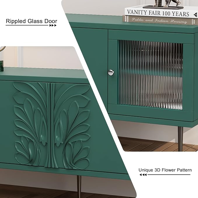 TV Stand for TVs up to 75 Inches, Mid Century Modern Entertainment Center with 3D Flower Pattern, Wood Media Console with 2 Fluted Glass Doors, Storage Cabinet for Living Room, Green