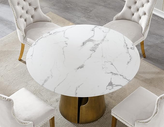5-Piece Faux Marble Round Dining Table Set for 4, Modern Luxury Kitchen Table Set for 4 with Beige Tufted Chairs,Circle Dining Tables with White Marble Grain Top and Bronze Pedestal Base