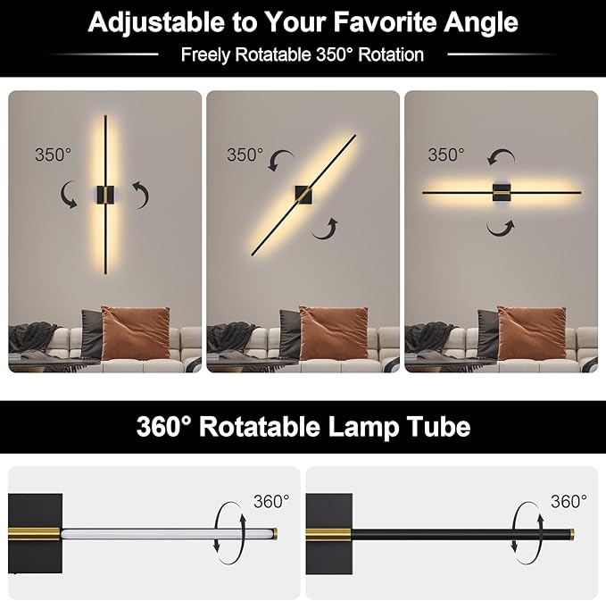 Battery Operated Wall Sconce Set of Two with Remote Control, 3000K-6000K Dimmable Black Gold Wall Lights, Timable LED Wireless Wall Sconces, 350° Ratate for Bathroom, Living Room, 39.4 Inch