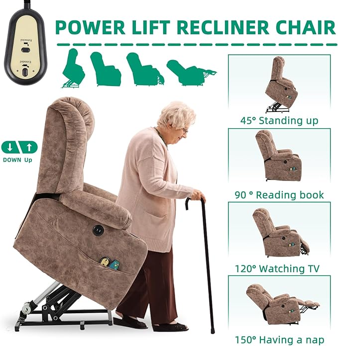 VIVIJASON Tall Man Large Power Lift Recliner Chair with Massage and Heat for Elderly, Overstuffed Wide Electric Lift Recliner w/Extended Footrest, 2 Cup Holder, Side Pockets & USB Ports, Fabric Brown
