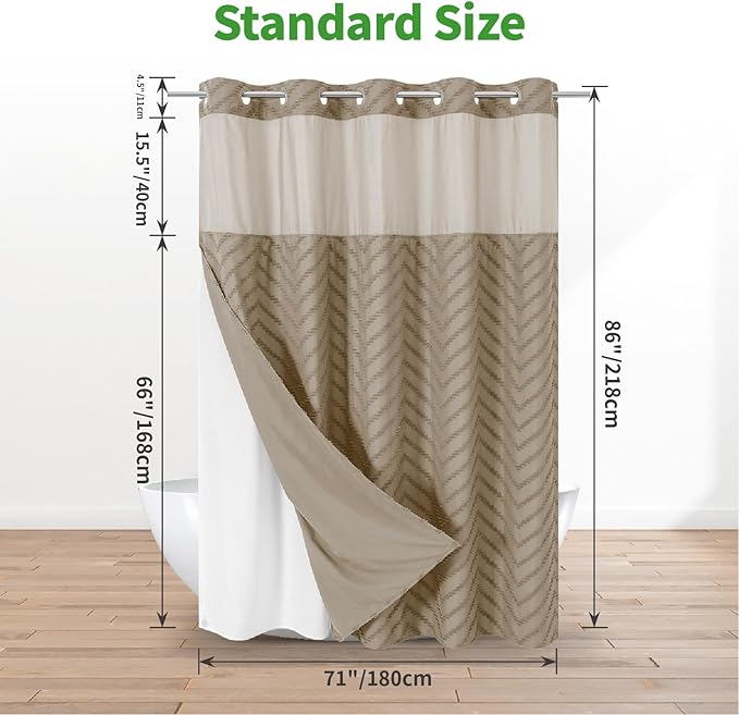 No Hook Boho Farmhouse Shower Curtain with Snap-in Fabric Liner set-71Wx86H(84H),Beige Tufted Chevron Striped Hotel Grade Cloth Shower Curtains for Bathroom with Window,Water Repellent