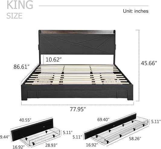 King Size Bed Frame with 3 Drawers, Upholstered King Size Bed Frame with Storage Headboard, AC USB & Type C Charge Station, Wooden Support Slats No Box Spring Needed Easy Assembly,Grey