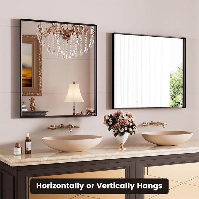 Black Bathroom Mirror, 24x28 inch Black Metal Vanity Mirror, Tempered Glass, Square Corner, Farmhouse, Entryway, Wall Mounted Rectangle Mirror(Vertical/Horizontal)
