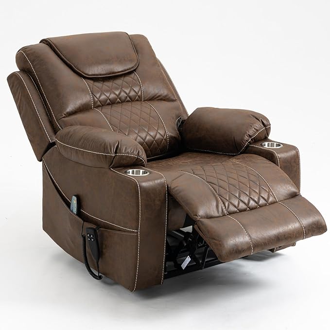 180 Degrees Lay Flat Lift Recliner with Massage and Heat, Cup Holder, 400 lb Capacity Recliner for Big and Tall Men, Lazyboy Sleeping (Brown Leather)