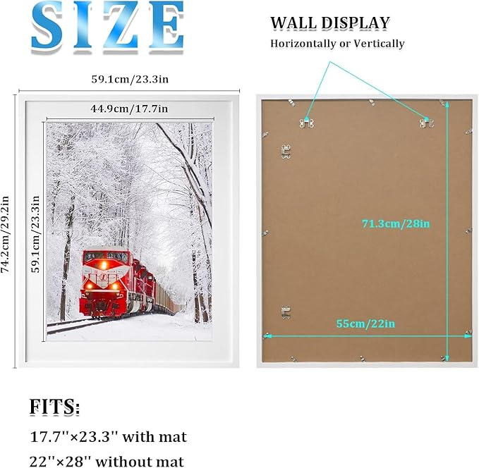 Egofine 22x28 Solid Wood Picture Frame, Made of Solid Wood Covered by Plexiglass 18x24 with Mat 22x28 without Mat, Poster Frame for Wall Mounting Hanging Photo Frame Vertically or Horizontally, White