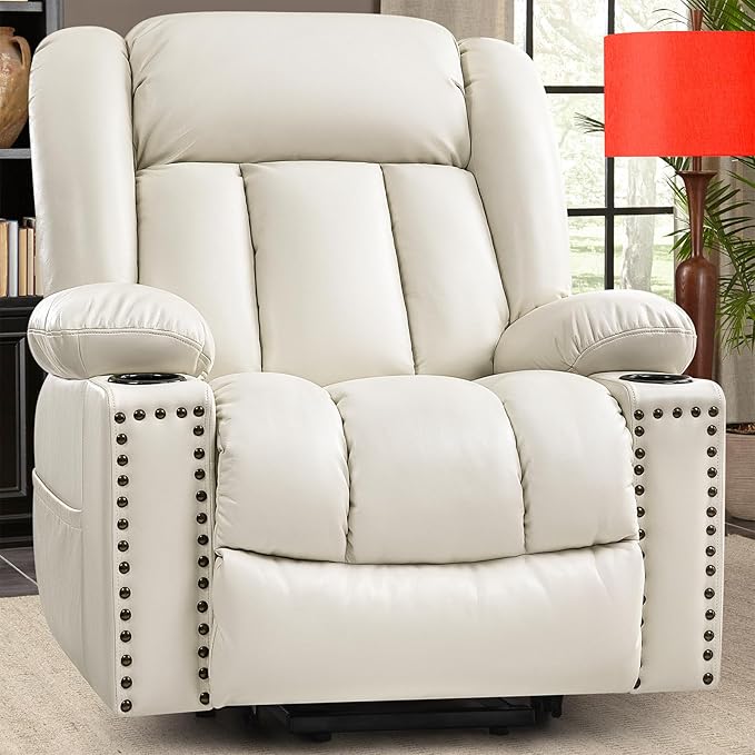 Large Power Lift Chair Recliner for Elderly with Heated and Massage, Overstuffed Adjustable Lift Chair, 3 Position, Breathable Leather, USB-A&USB-C, Cup Holder, Beige