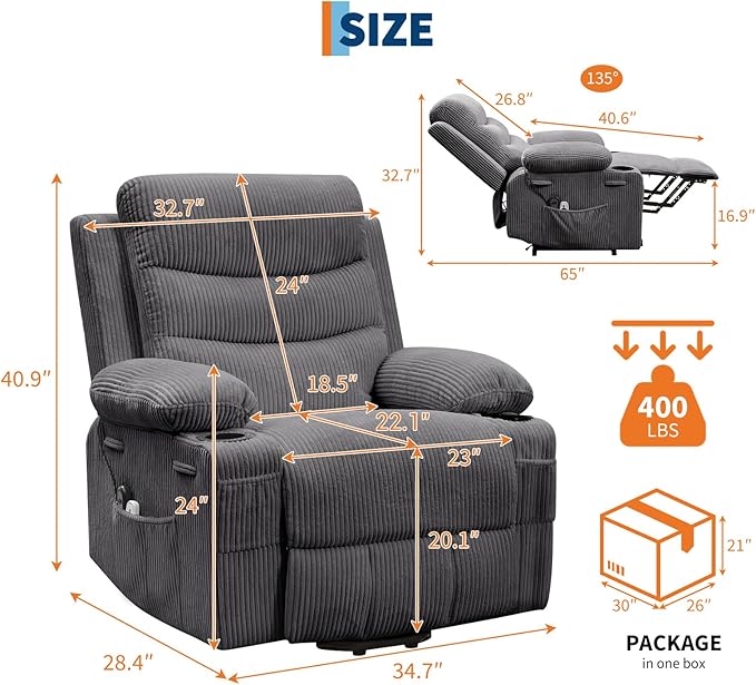 Power Lift Recliner Chair for Elderly, Living Room Massage & Heat, Small Spaces Useage or RV Single Sofa for Adults, 135° Reclining Accent Chairs, 2 Cup Holders and Side Pockets (Corduroy Gray)