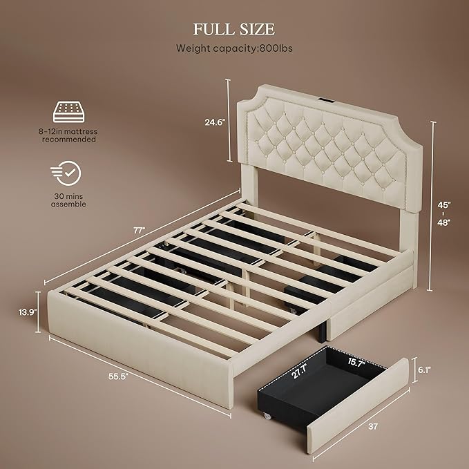 YITAHOME Full Size Bed Frame with Adjustable Headboard, 4 Storage Drawers and Charging Station, Velvet Upholstered Bed Frame with Button Tufted, No Box Spring Needed, Fast Assembly, Noise-Free, Beige