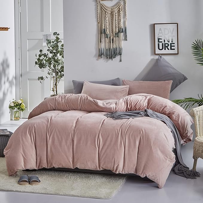 Cottonight Pink Velvet Comforter Set King Dusty Pink Flannel Bedding Comforter Set Winter Warm Blush Pink Heavyweight Warm Blanket Quilts Modern Winter Warm 3 Piece Velvet Comforter Set for King Bed
