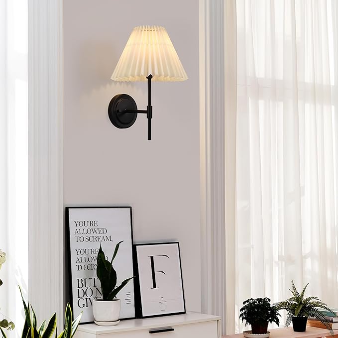 GLOBE 1-Light Wall Sconce, Matte Black, White Pleated Fabric Shade, E12 Base Socket, Candelabra Bulb, Living Room Lighting, Home Essentials, Décor, Bedroom, Mounted Bedside Lamp