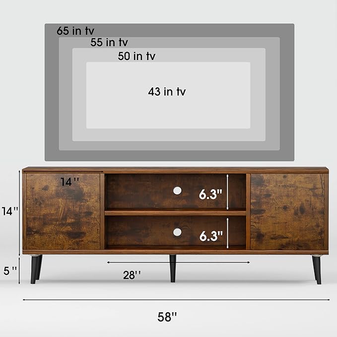 JUMMICO TV Stand for 65 Inch TV, Mid Century Modern TV Stand, Entertainment Center with Storage Cabinet and Open Shelves, TV Console Table Media Cabinet for Living Room, and Bedroom (Rustic Brown)