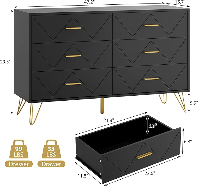 Black Dresser for Bedroom, 6 Drawer Dresser with Golden Handles, Wood Modern Double Chest for Hallway, Entryway